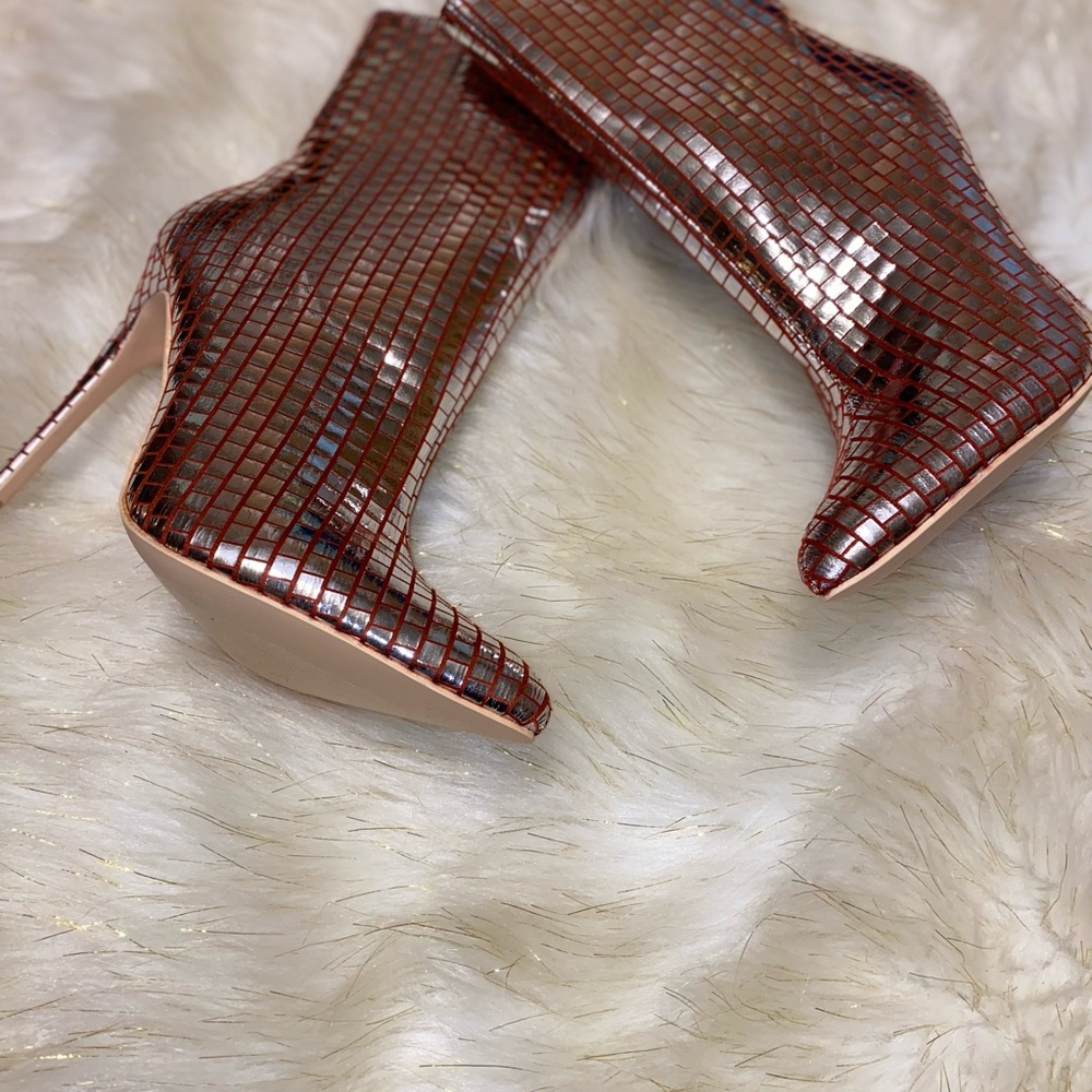 Maroon and silver Point Toe Bootie. In Box.